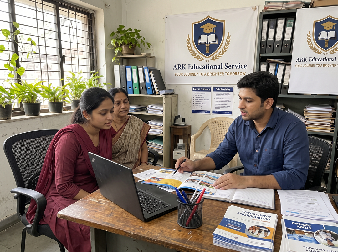 Student and parent talking to an education counsellor